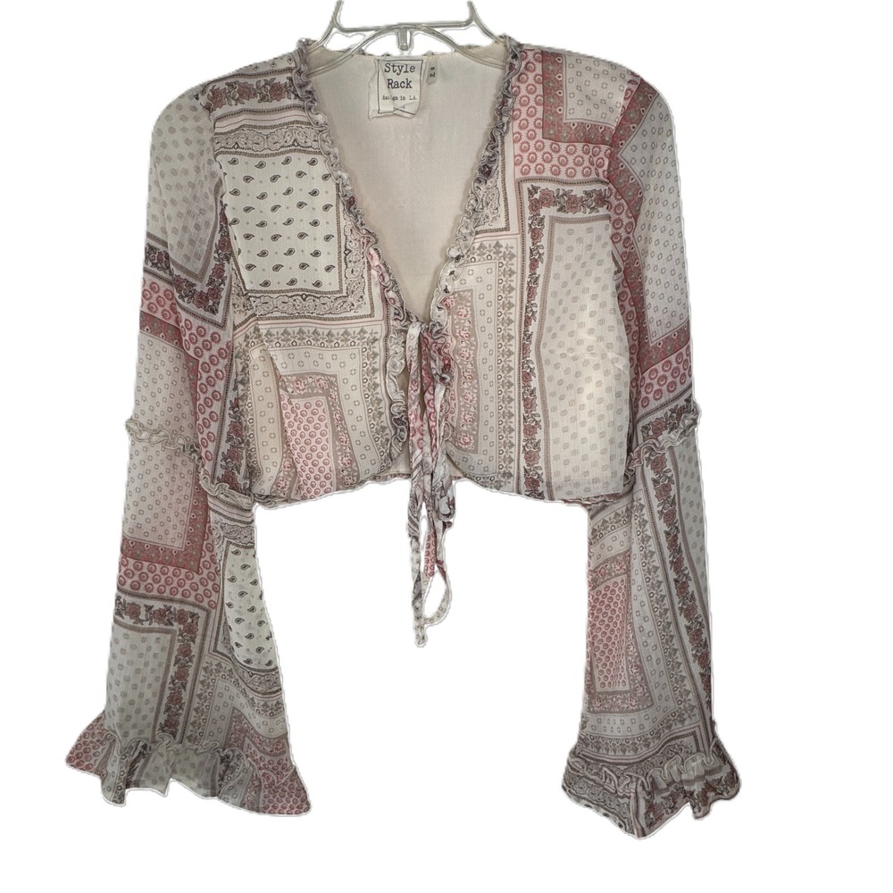 Style Rack Patchwork Tie Front Crop Top Womens Small Bell Sleeve Boho‎ Festival